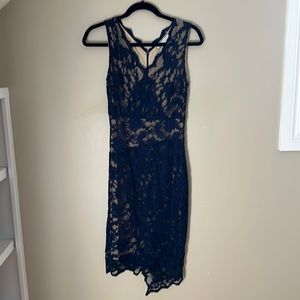 Debbie Shuchat bodycon dress navy lace overlay cross over size 6